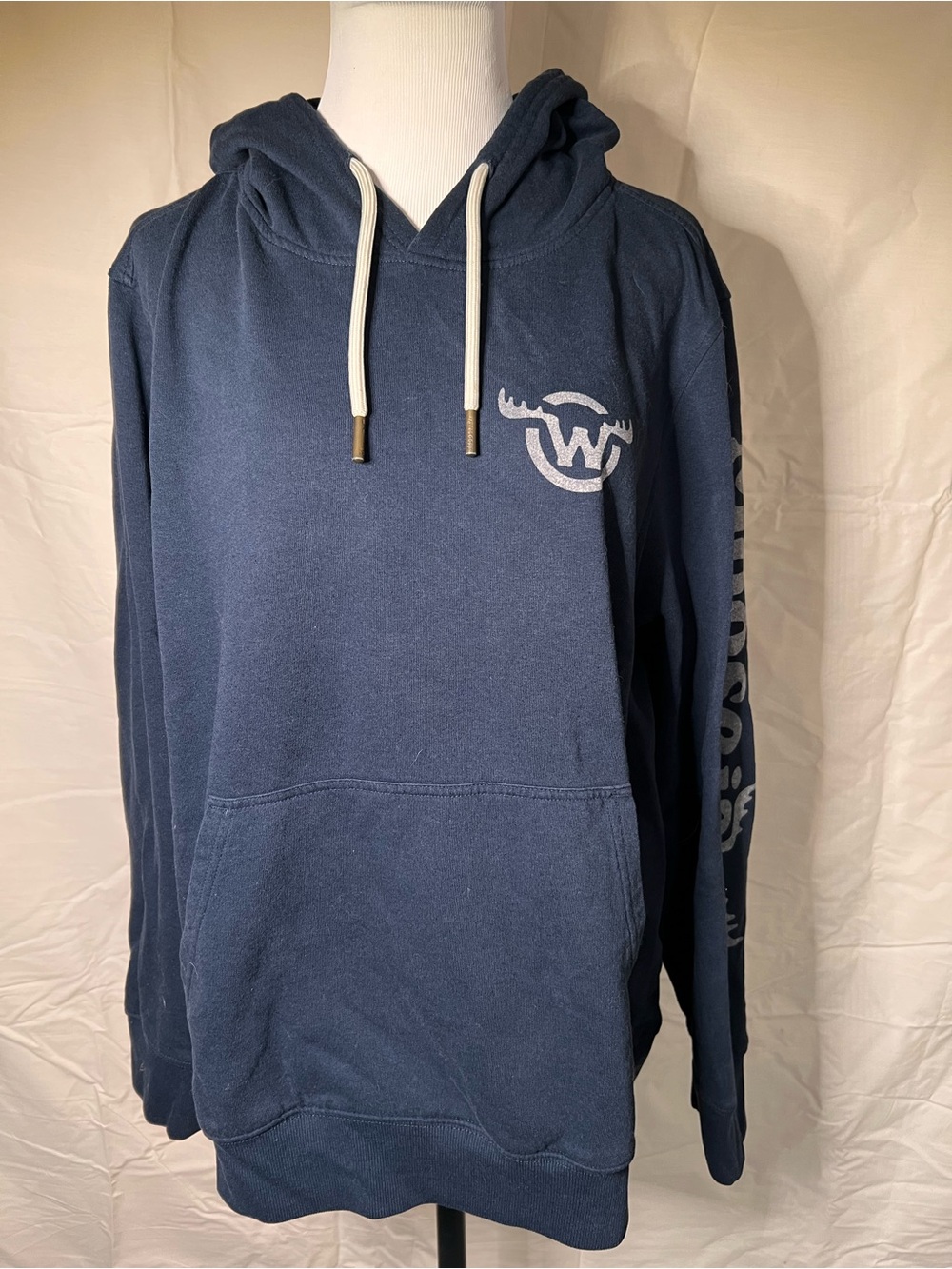 Moosejaw Mountaineering 'Love the Madness' Navy Hoodie with Cream Drawstrings